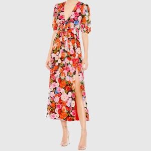 Ieena for Mac Duggal Floral Print Front Tie Puff Sleeve Flowy Midi Dress size 4